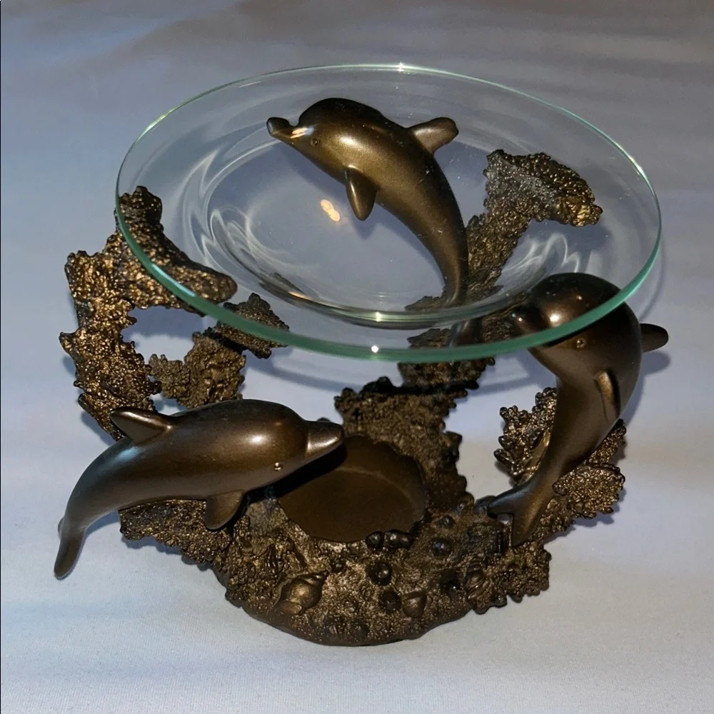 PartyLite Bronze 3 Dolphin Oil Wax Melt Scent Aroma Candle Holder (RETIRED)